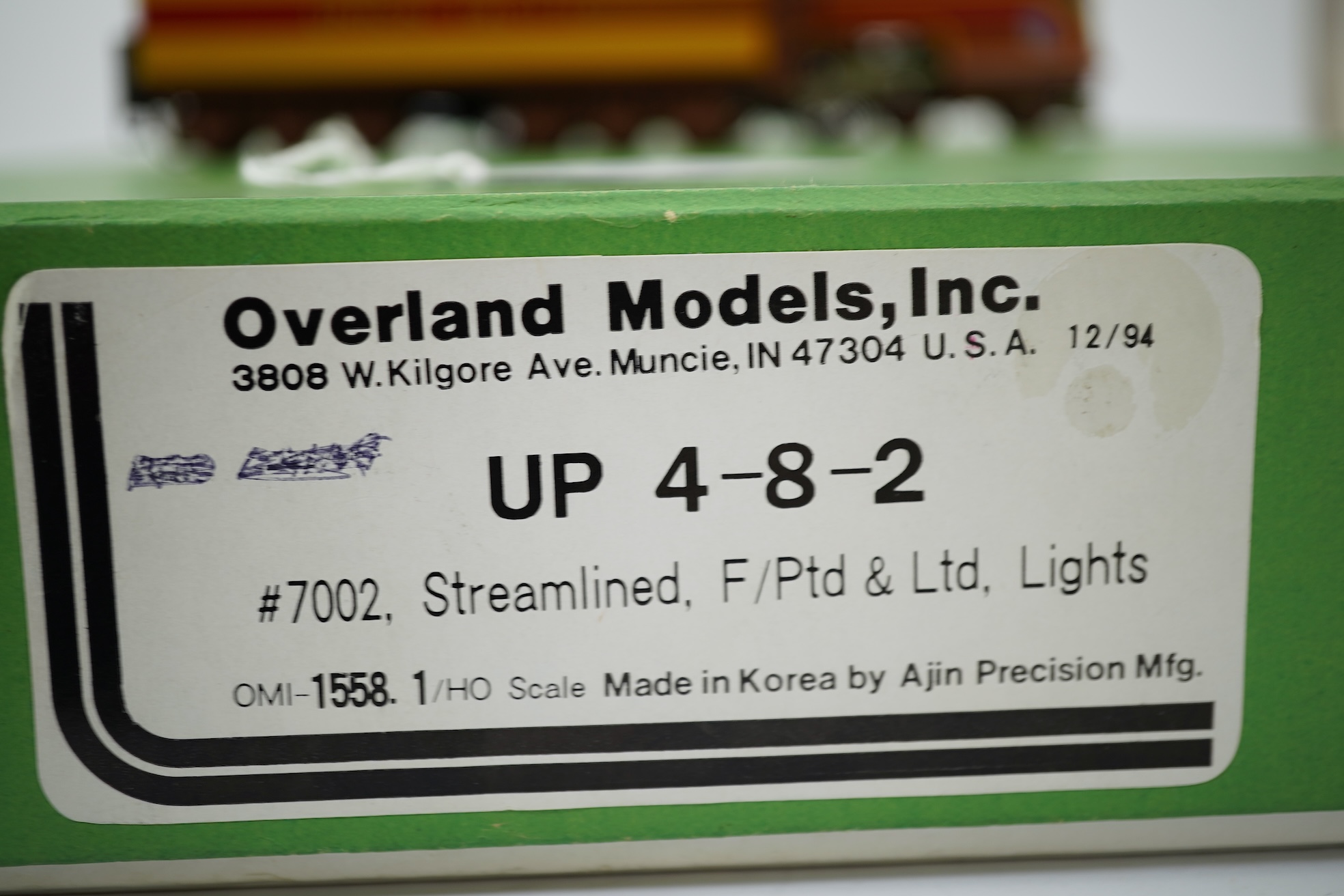 A boxed HO gauge Overland Models Inc. model of Union Pacific, 7002, streamlined 4-8-2 locomotive with bogie tender, powered for two rail operation.